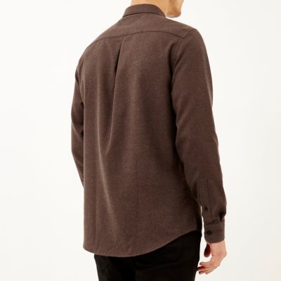 Brown flannel long sleeve slim shirt